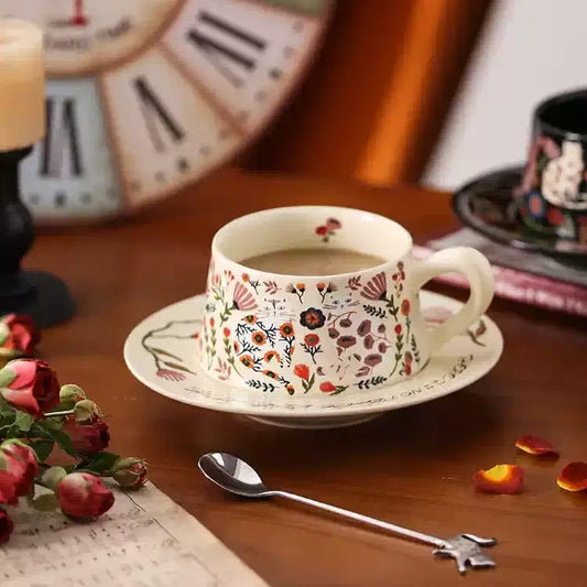 Floral Cat Ceramic Cup & Saucer Set