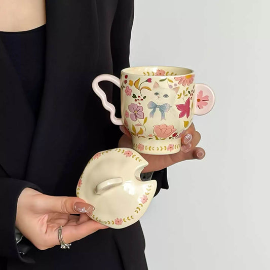 Floral Cat Ceramic Mug Set with Lid