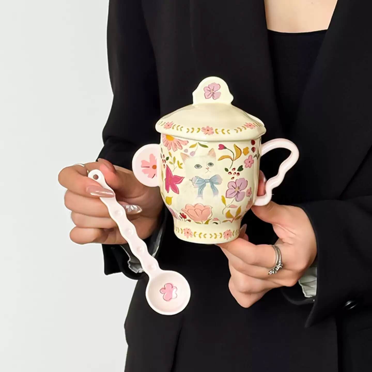Floral Cat Ceramic Mug Set with Lid