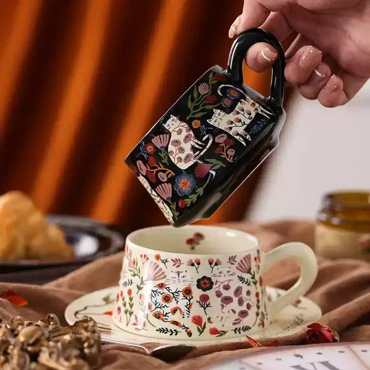 Floral Cat Ceramic Cup & Saucer Set