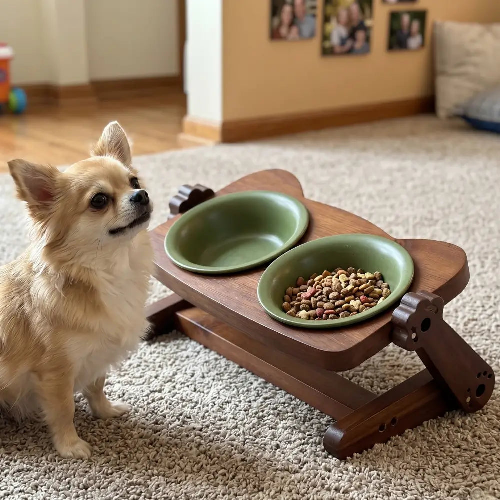 Adjustable Elevated Ceramic Double Pet Bowl with Acacia Wood Stand