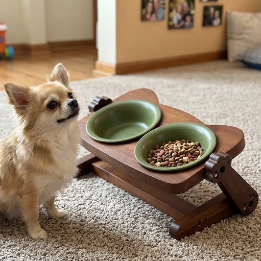 Adjustable Elevated Ceramic Double Pet Bowl with Acacia Wood Stand