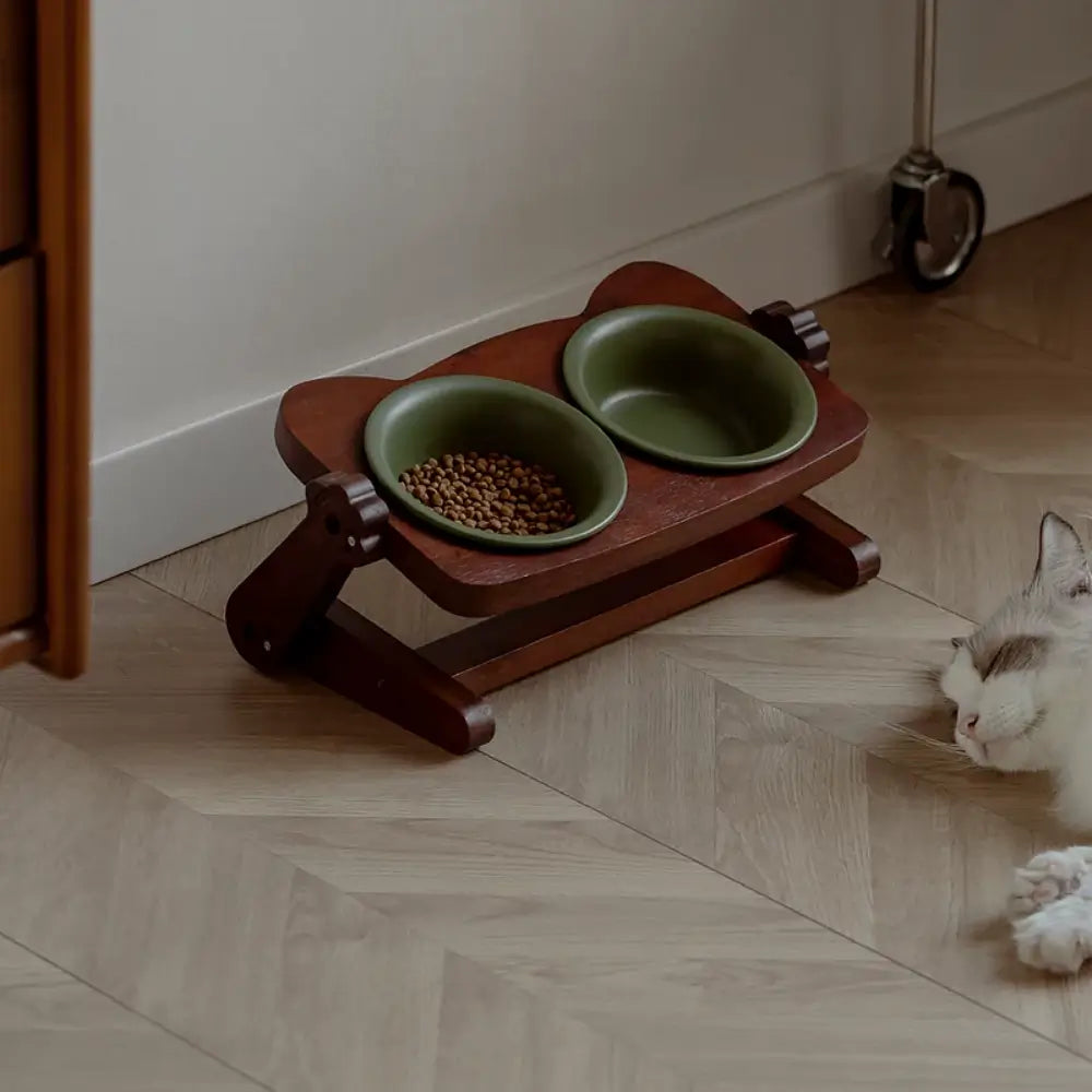 Adjustable Elevated Ceramic Double Pet Bowl with Acacia Wood Stand