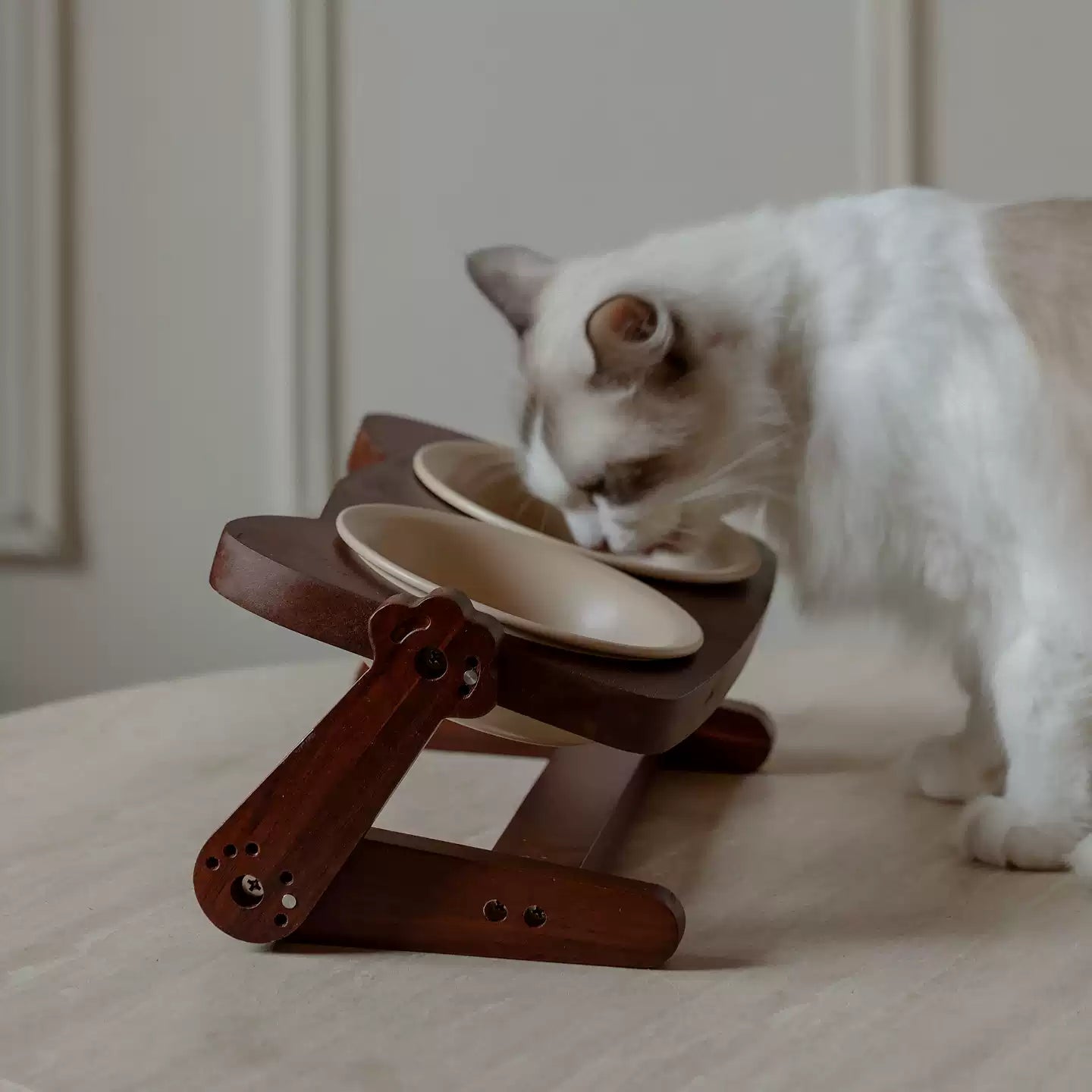 Adjustable Elevated Ceramic Double Pet Bowl with Acacia Wood Stand