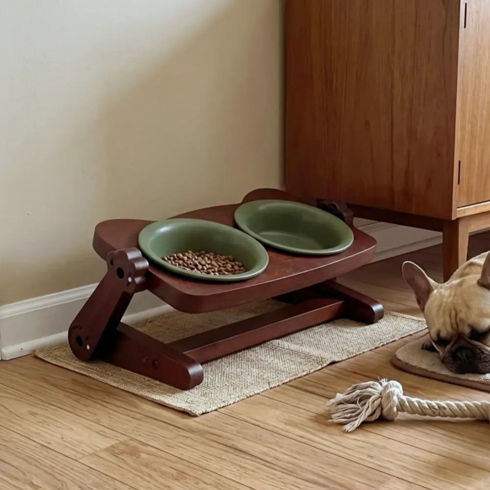 Adjustable Elevated Ceramic Double Pet Bowl with Acacia Wood Stand