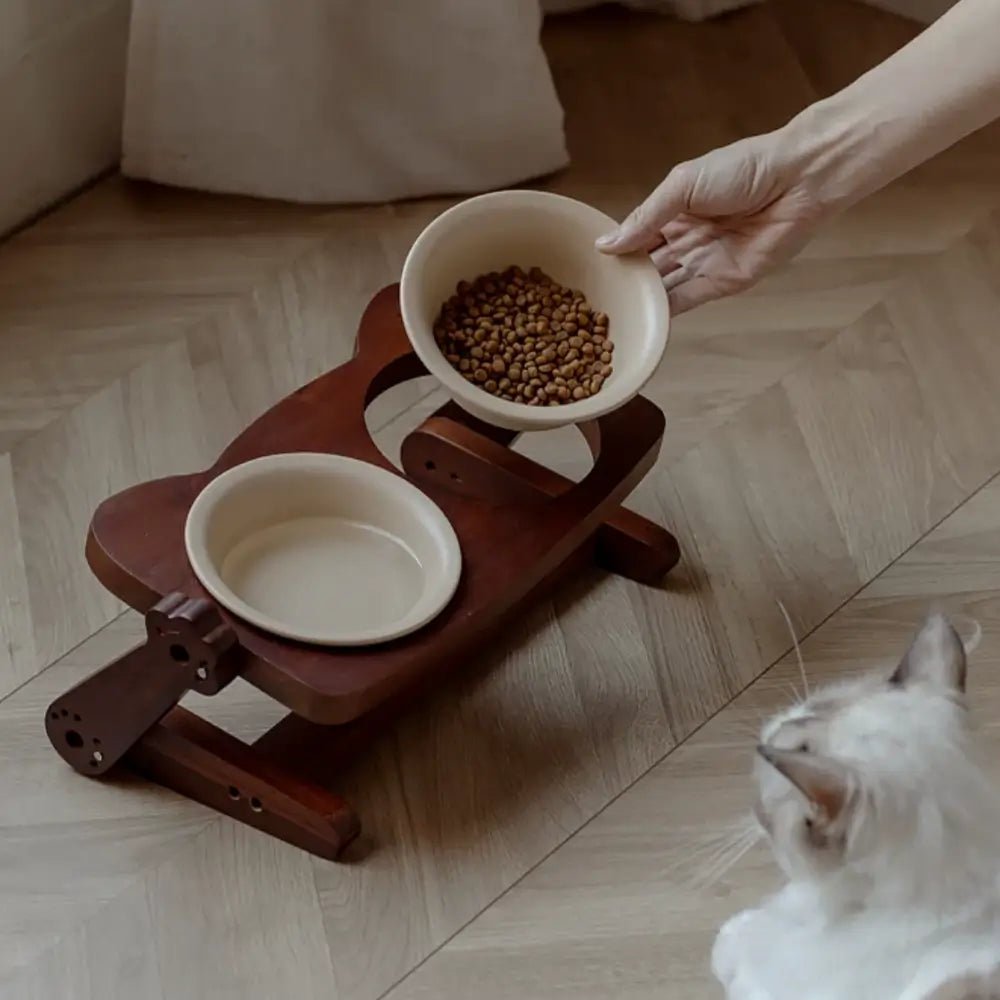 Adjustable Elevated Ceramic Double Pet Bowl with Acacia Wood Stand