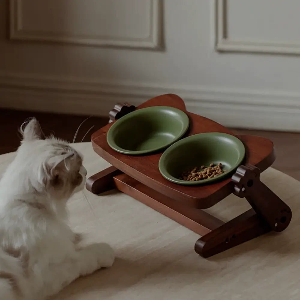 Adjustable Elevated Ceramic Double Pet Bowl with Acacia Wood Stand