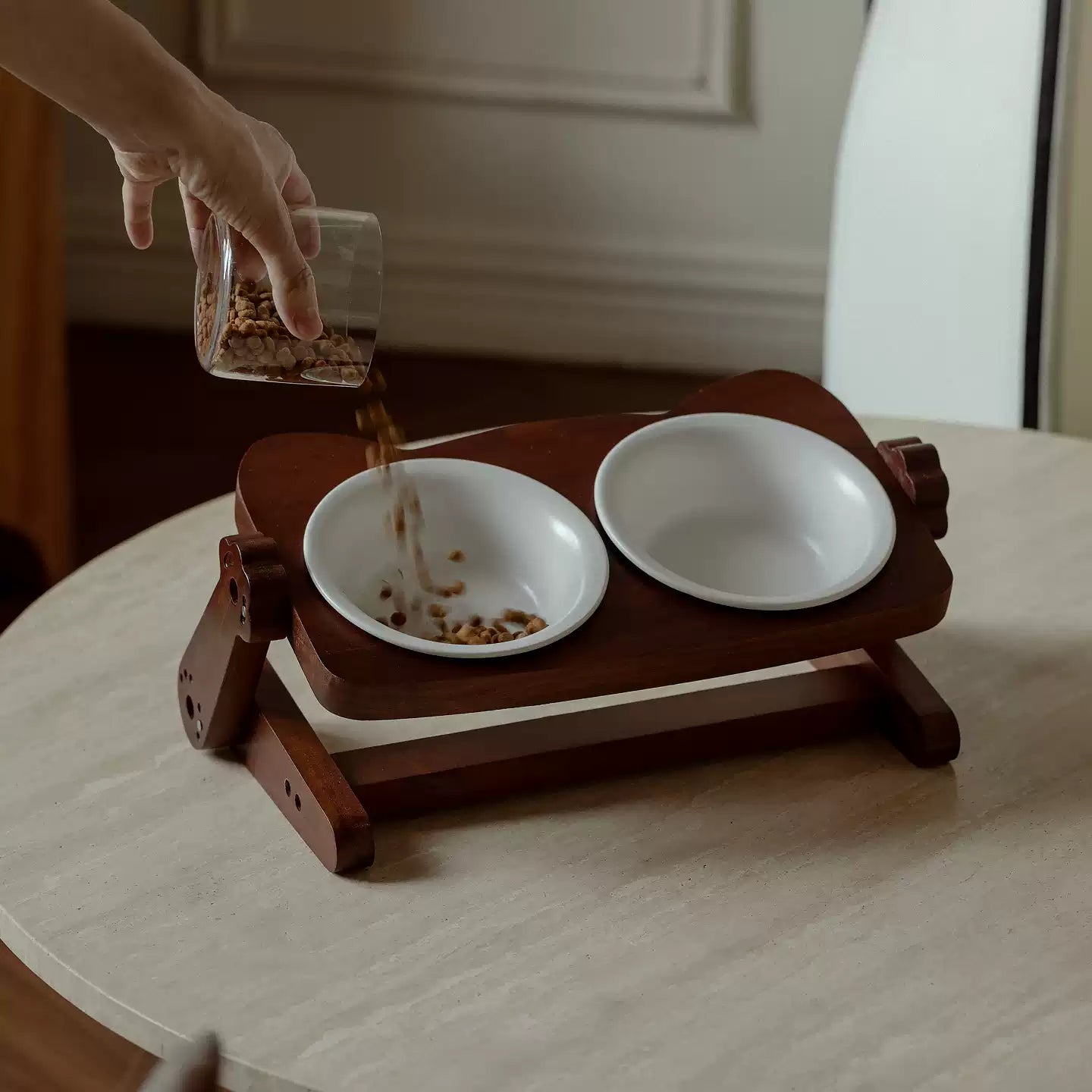 Adjustable Elevated Ceramic Double Pet Bowl with Acacia Wood Stand