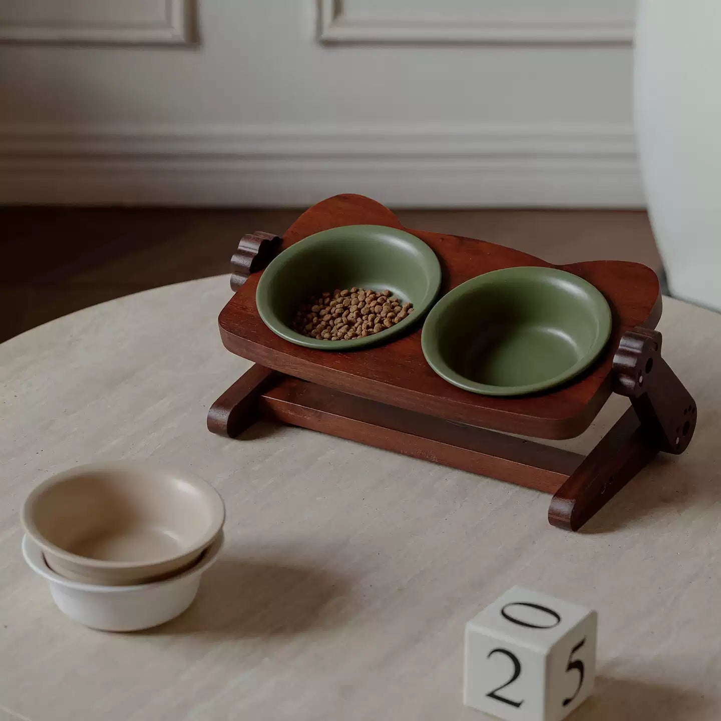 Adjustable Elevated Ceramic Double Pet Bowl with Acacia Wood Stand