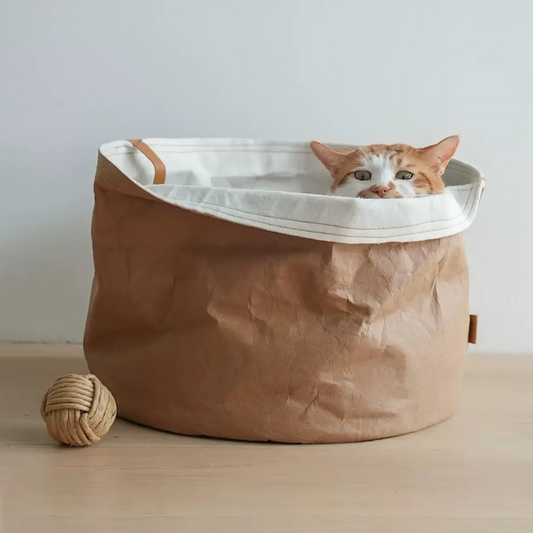 Collapsible Paper Bag Cat Cave Bed with Cotton Cushion and Sisal Mat