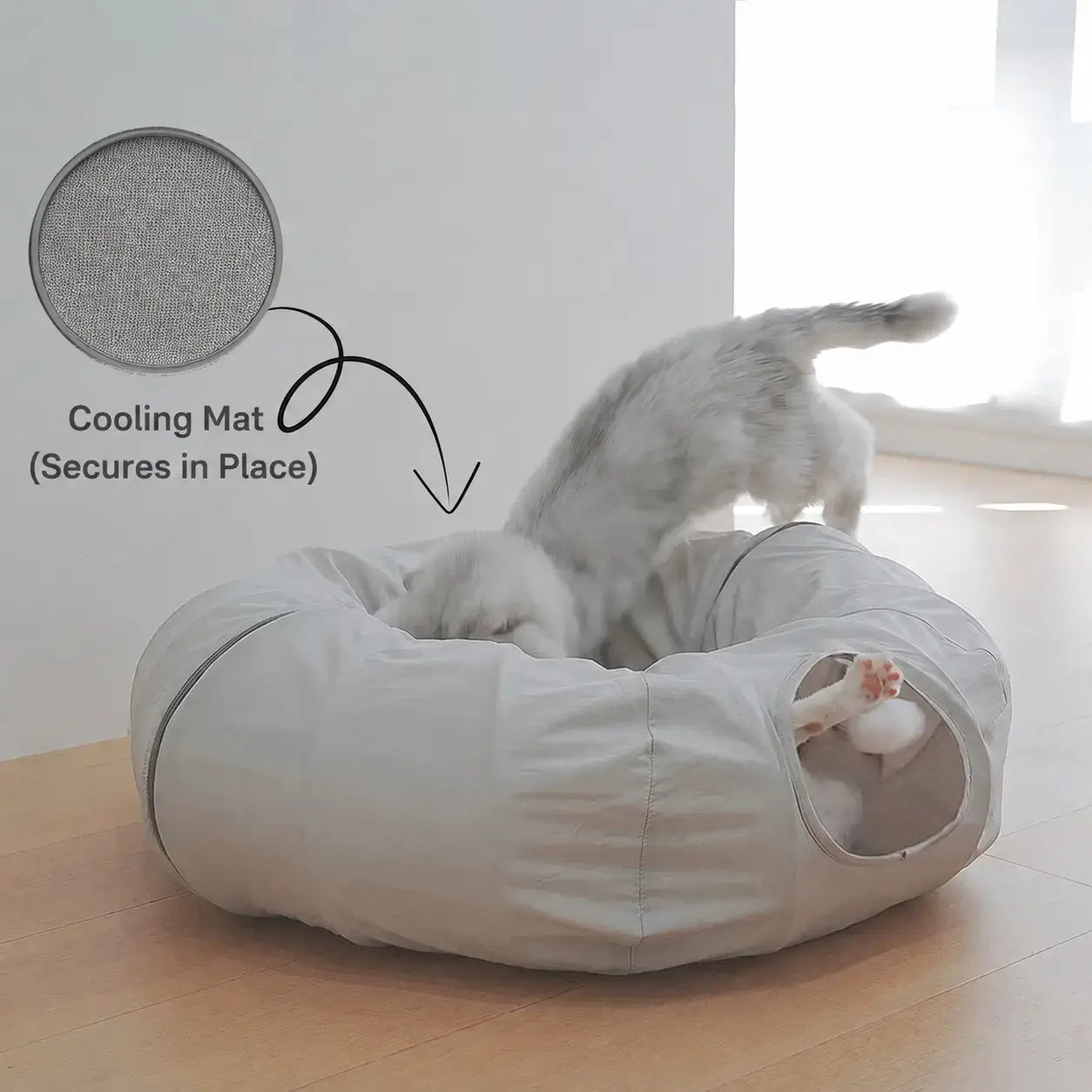 Convertible Cat Tunnel Bed with Optional Cooling Mat, Gray Donut Cat Play Tunnel