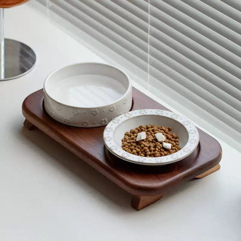 Elevated Ceramic Double Pet Bowl Set with Acacia Wood Stand