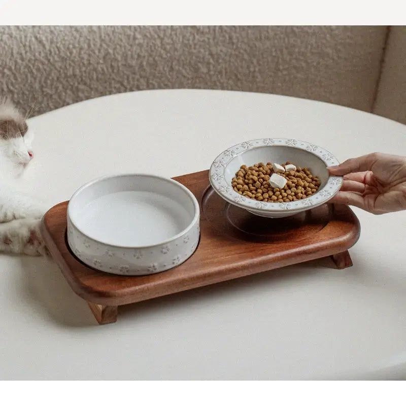 Elevated Ceramic Double Pet Bowl Set with Acacia Wood Stand
