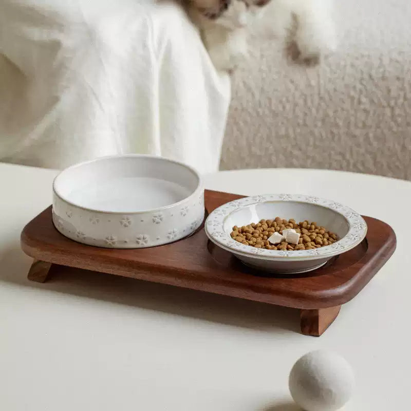 Elevated Ceramic Double Pet Bowl Set with Acacia Wood Stand