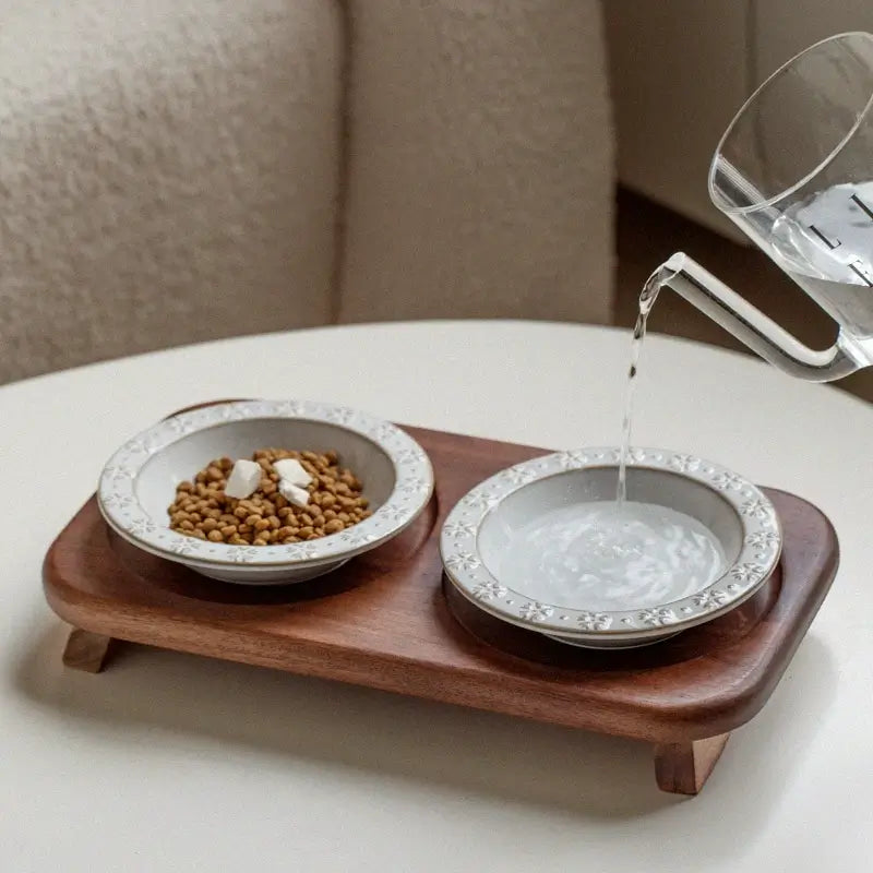 Elevated Ceramic Double Pet Bowl Set with Acacia Wood Stand