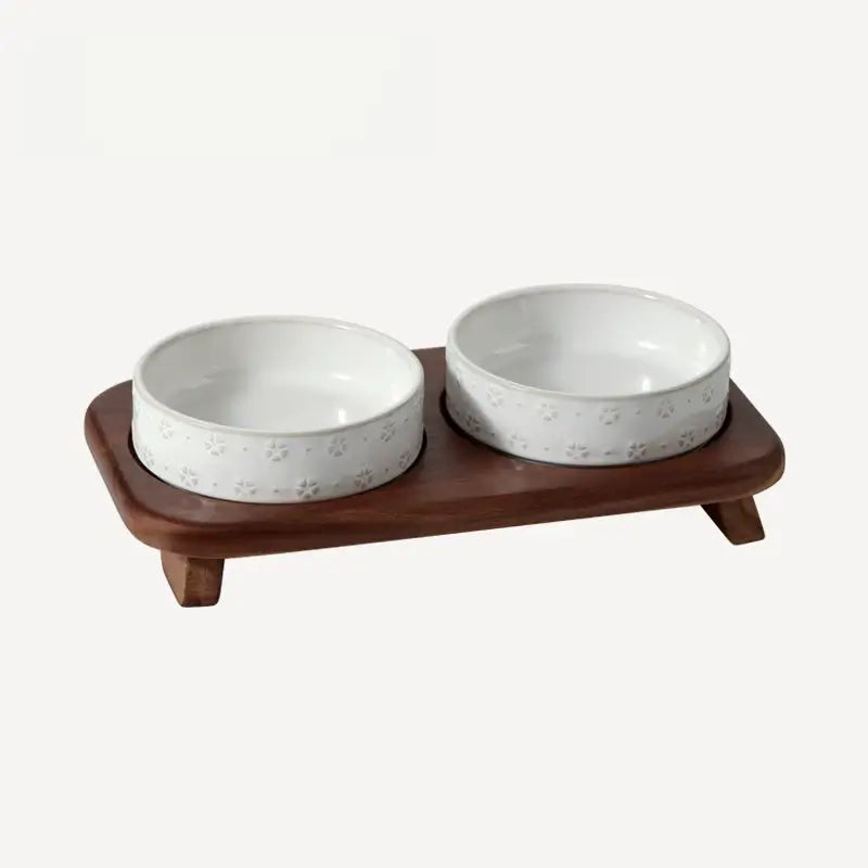 Elevated Ceramic Double Pet Bowl Set with Acacia Wood Stand