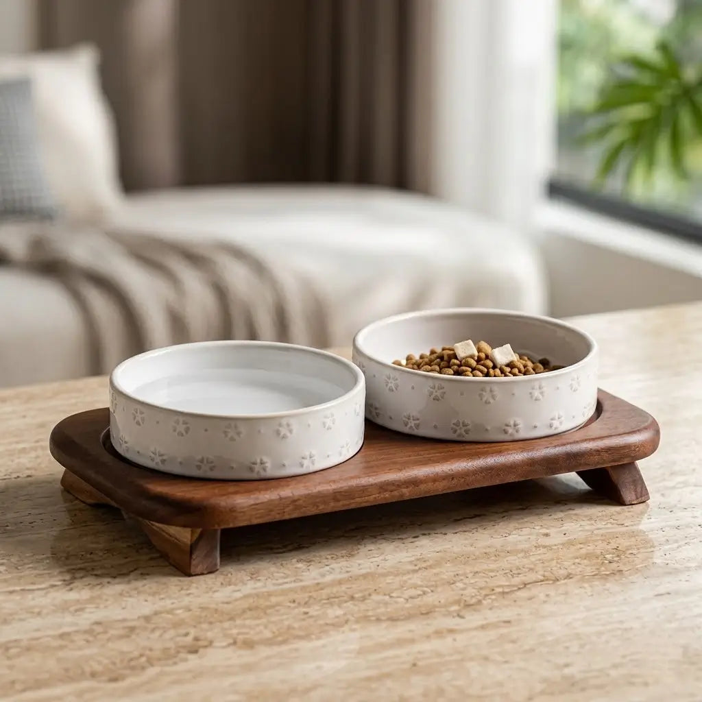 Elevated Ceramic Double Pet Bowl Set with Acacia Wood Stand