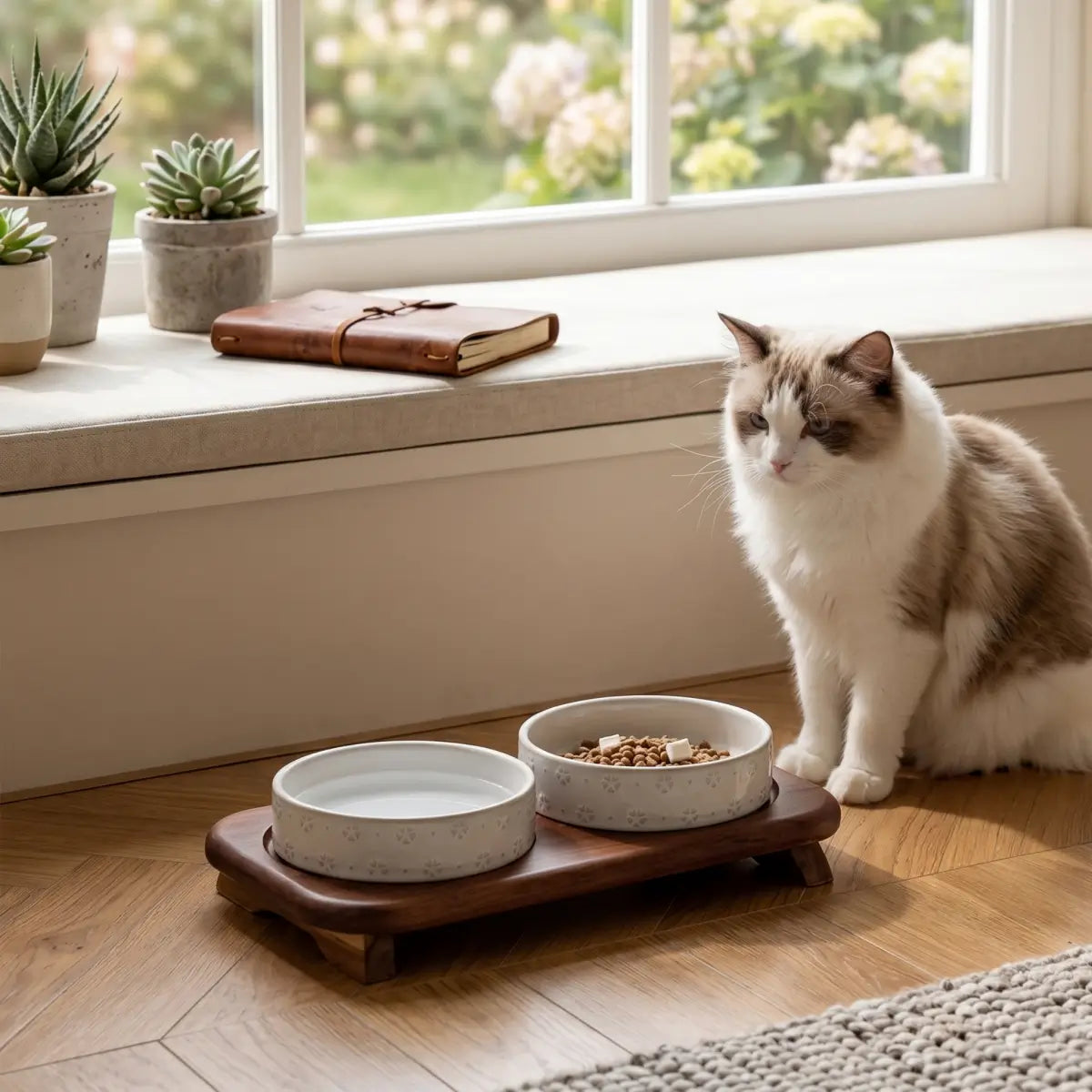 Elevated Ceramic Double Pet Bowl Set with Acacia Wood Stand