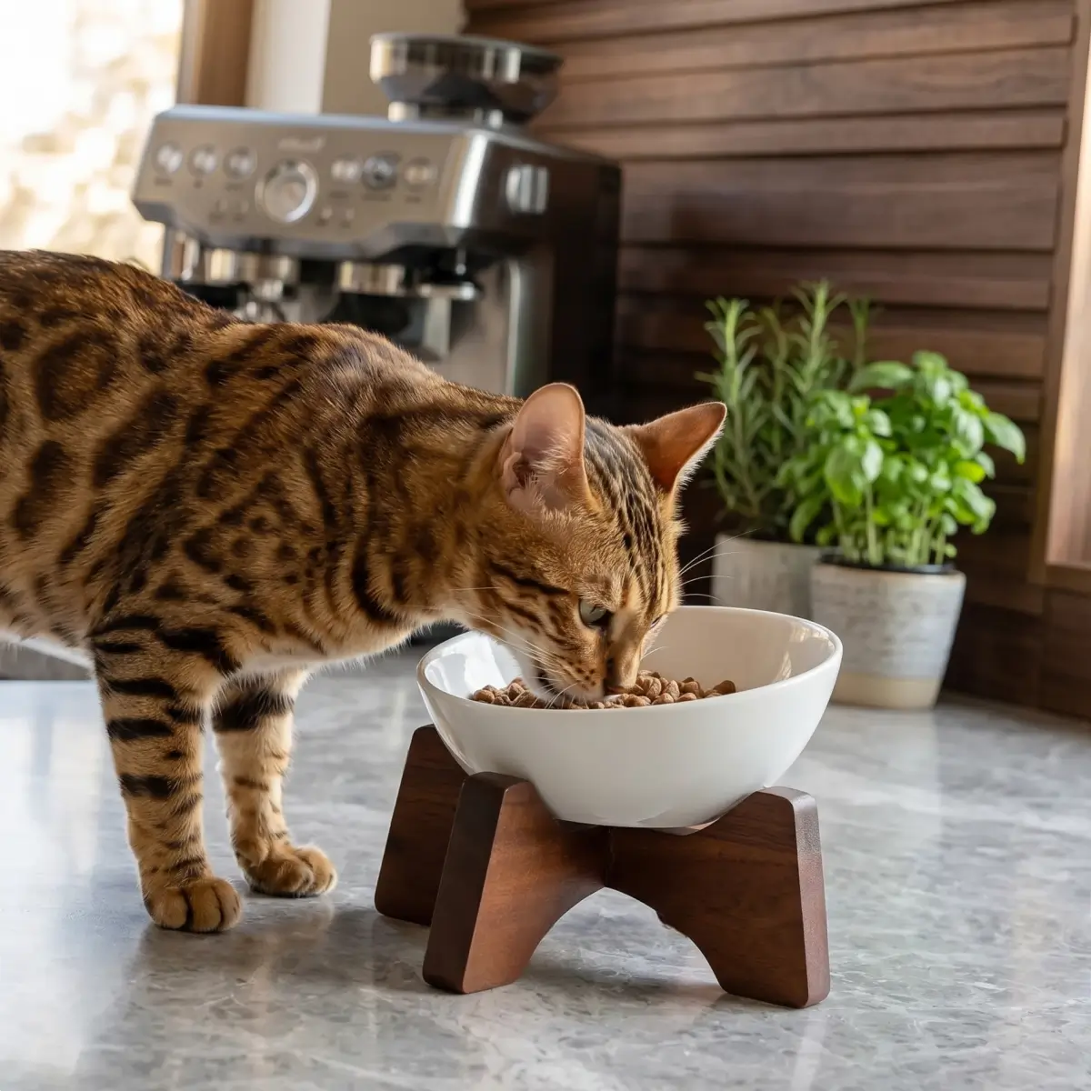 Elevated Ceramic Pet Bowl with Acacia Wood Stand