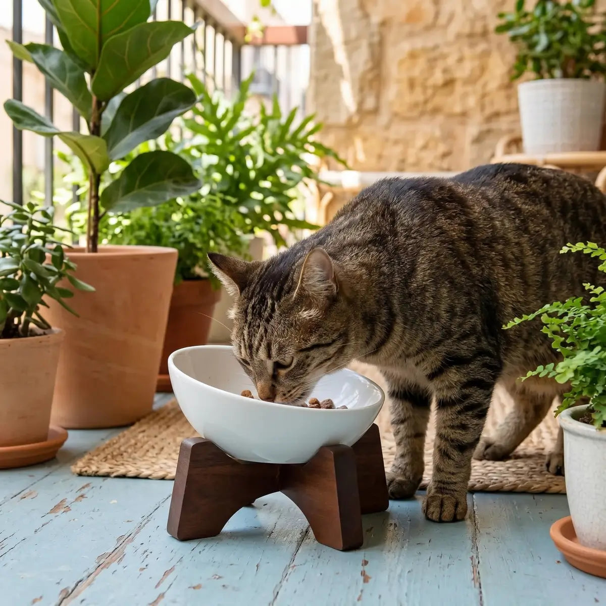 Elevated Ceramic Pet Bowl with Acacia Wood Stand