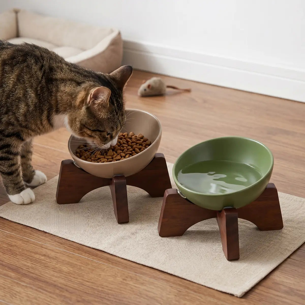 Elevated Ceramic Pet Bowl with Acacia Wood Stand