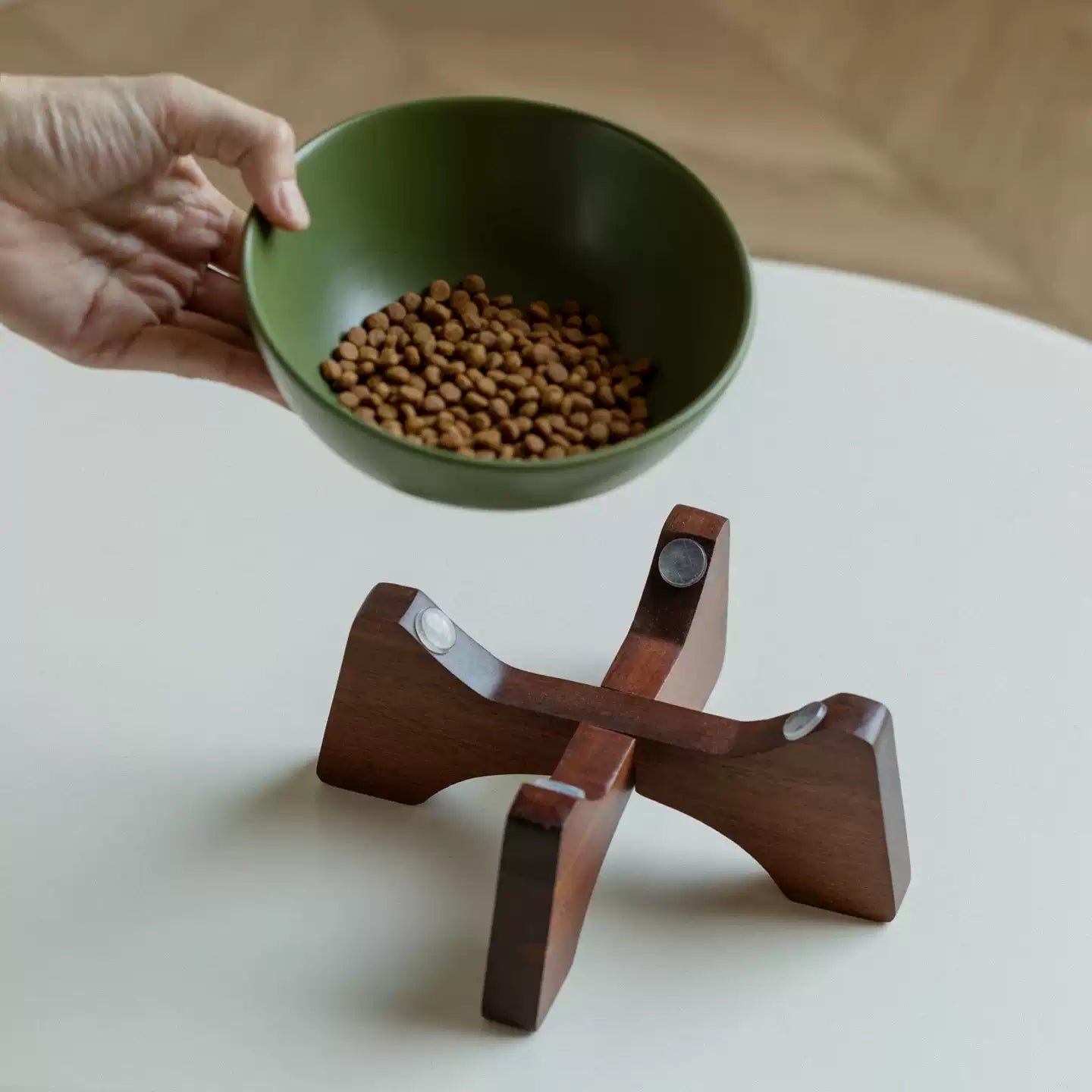 Elevated Ceramic Pet Bowl with Acacia Wood Stand
