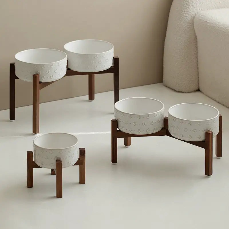 Elevated Ceramic Pet Bowl with Acacia Wood Stand