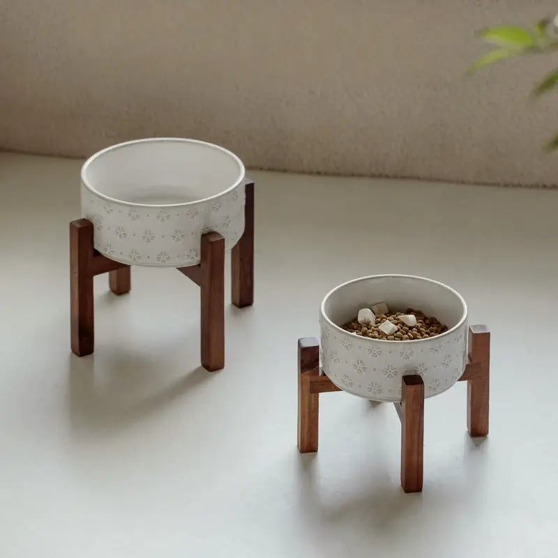 Elevated Ceramic Pet Bowl with Acacia Wood Stand