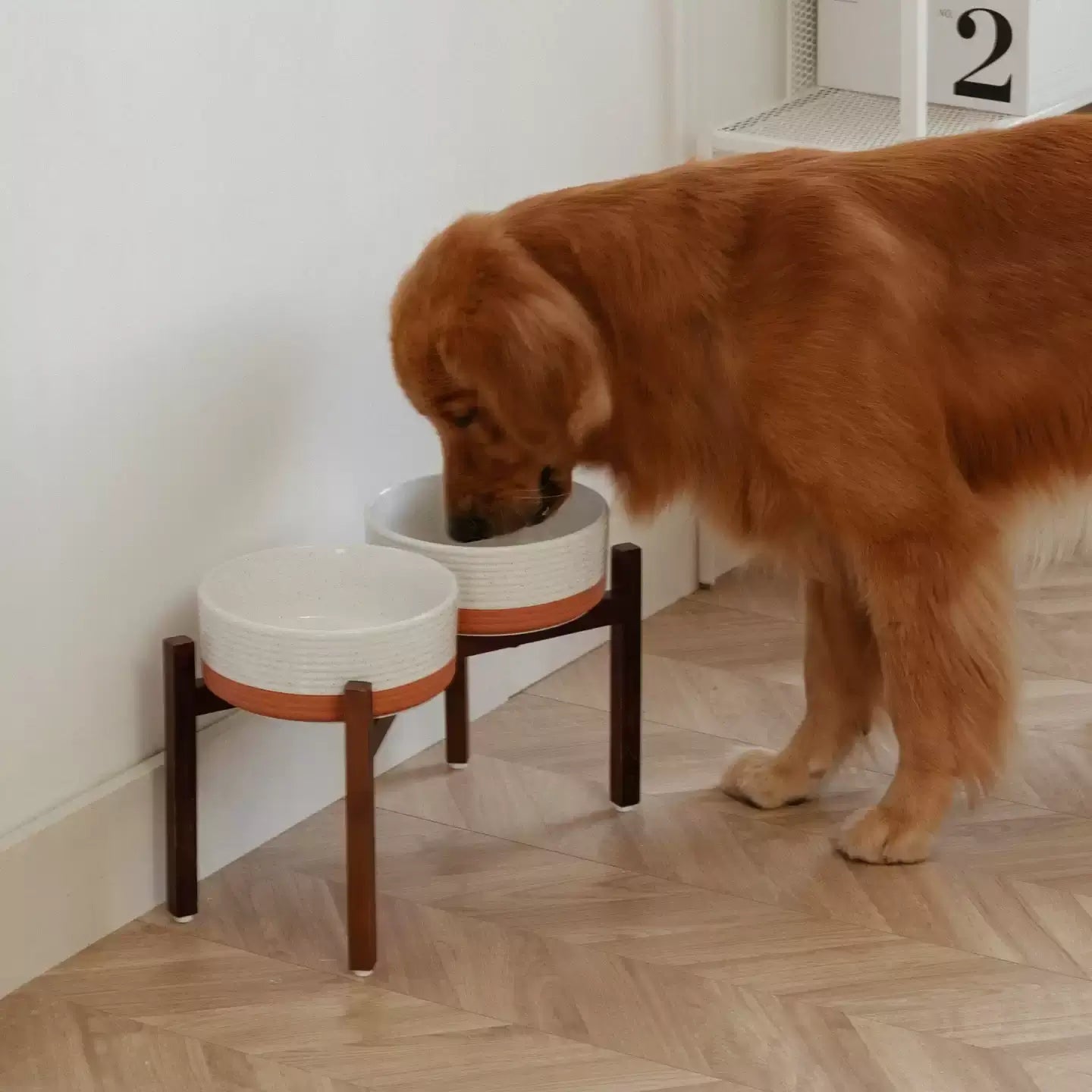 Elevated Ceramic Pet Bowl with Acacia Wood Stand – Single or Double Bowl