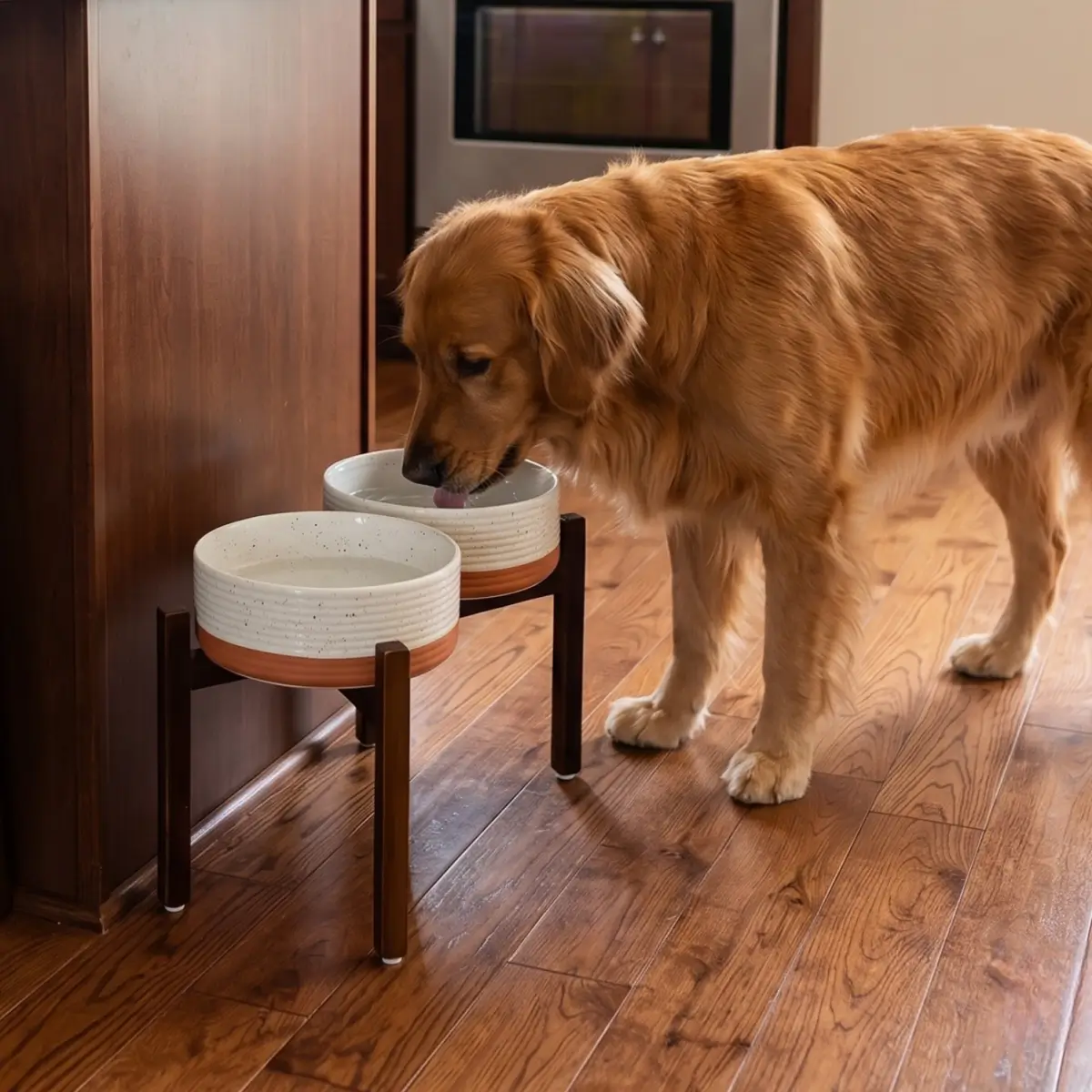 Elevated Ceramic Pet Bowl with Acacia Wood Stand – Single or Double Bowl