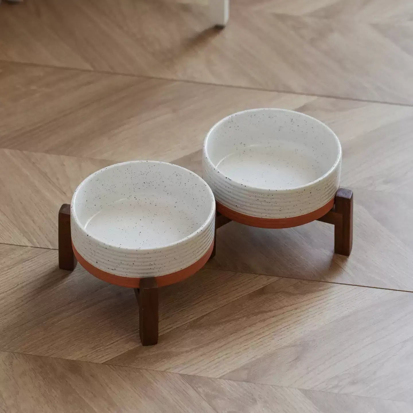 Elevated Ceramic Pet Bowl with Acacia Wood Stand – Single or Double Bowl