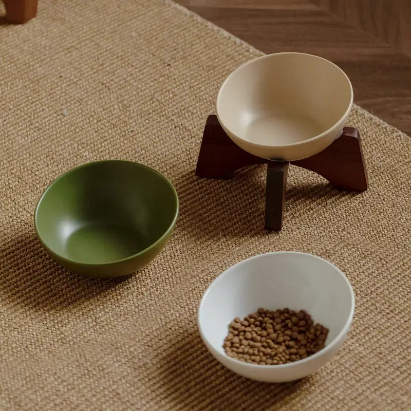 Elevated Ceramic Pet Bowl with Acacia Wood Stand