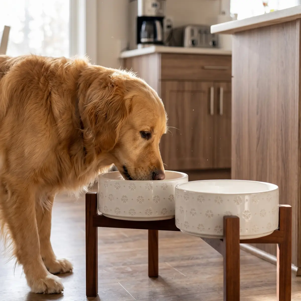 Elevated Ceramic Pet Bowl with Acacia Wood Stand