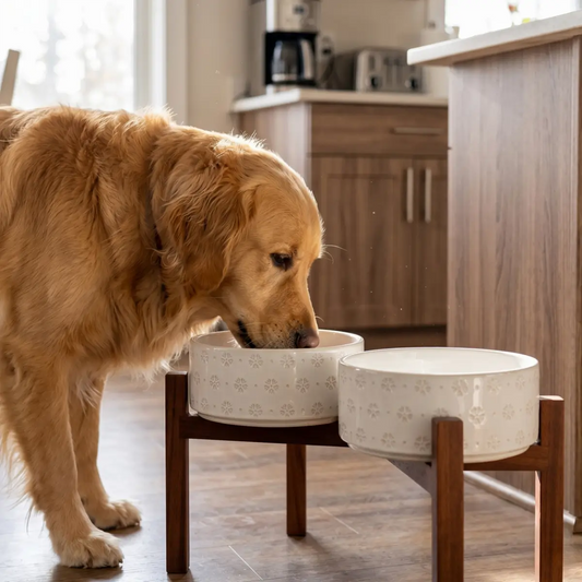 Elevated Ceramic Pet Bowl with Acacia Wood Stand