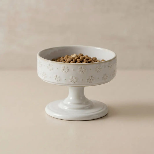Goblet-Inspired Raised Ceramic Cat Bowl with Floral Pattern