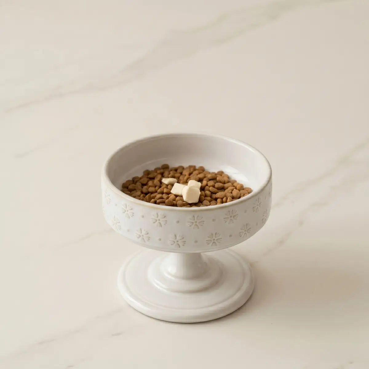 Goblet-Inspired Raised Ceramic Cat Bowl with Floral Pattern