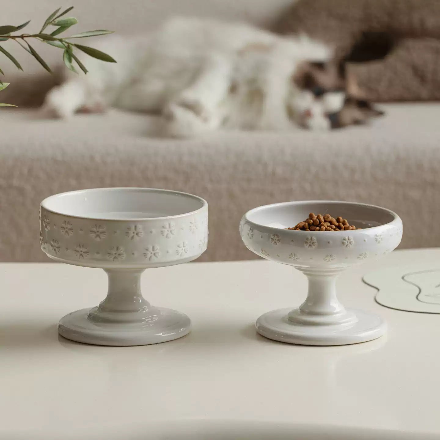 Goblet-Inspired Raised Ceramic Cat Bowl with Floral Pattern