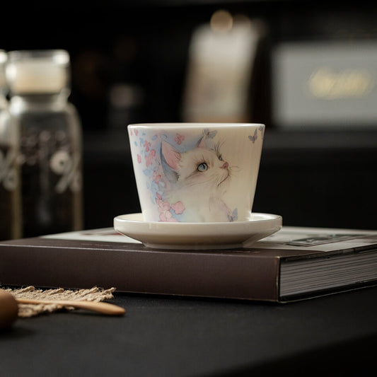 Hand-Painted Cat Coffee Cup & Saucer