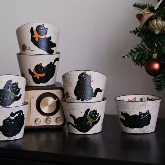 Handcrafted Black Cat Ceramic Cup / Mug — Vintage Brushwork & Textured Pottery