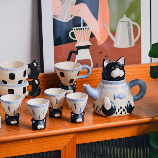Cute Cat Ceramic Tea Set – Teapot & Mini Cups, Handcrafted Animal Design, Home Decor & Gift for Cat Lovers