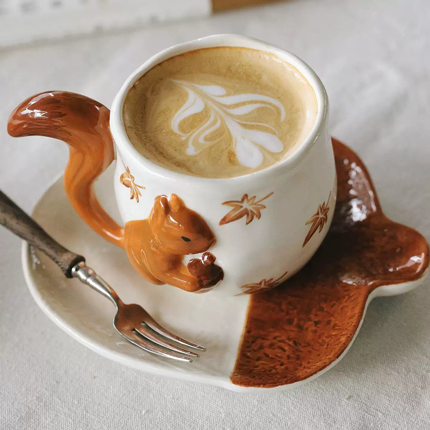 Handcrafted Ceramic Mug – 3D Squirrel Appliqué & Hand-Painted Maple Leaves