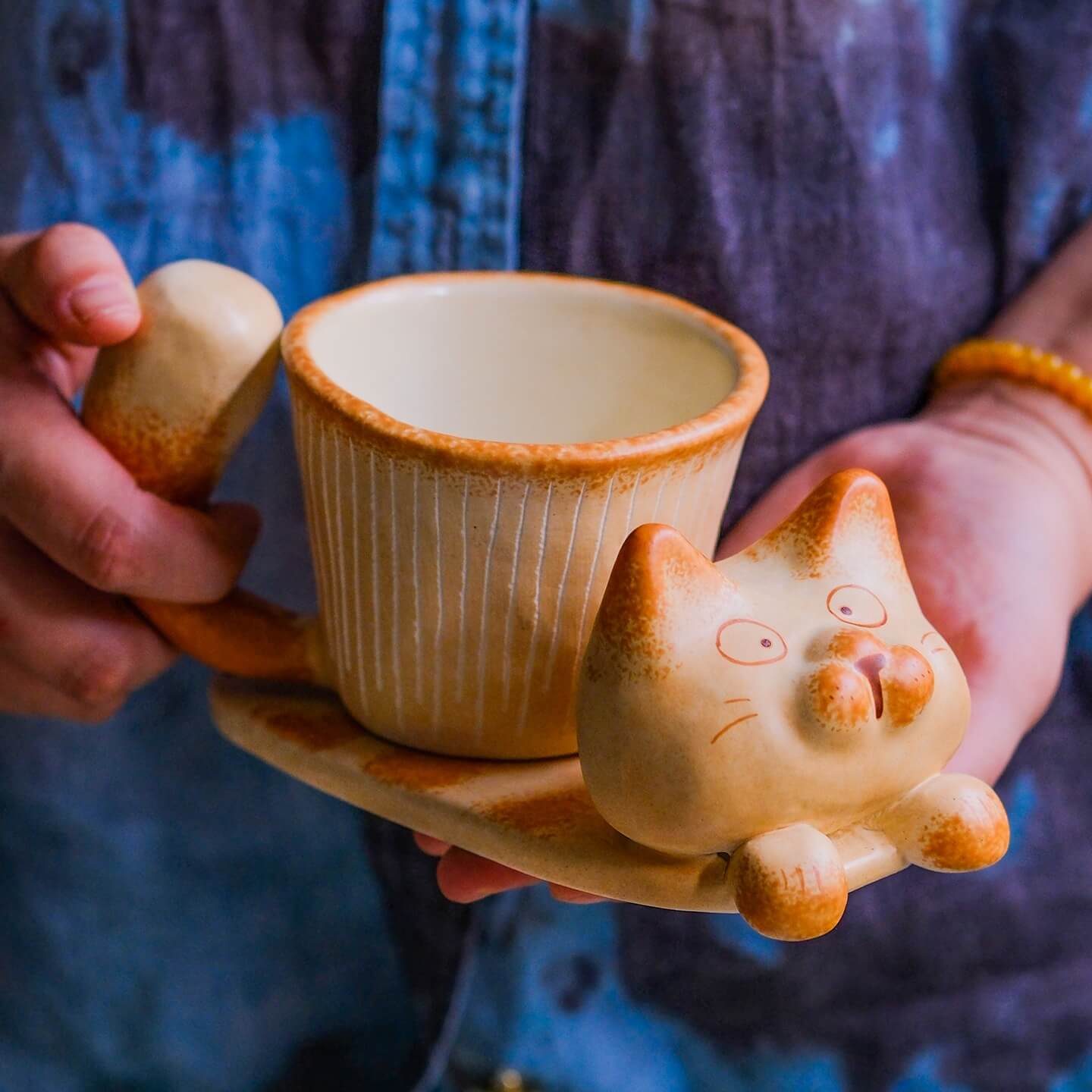 Cat Tray Ceramic Mug Set — Mug + Cat Saucer
