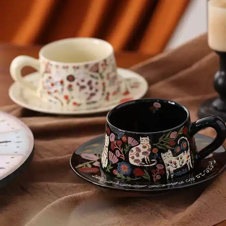Floral Cat Ceramic Cup & Saucer Set