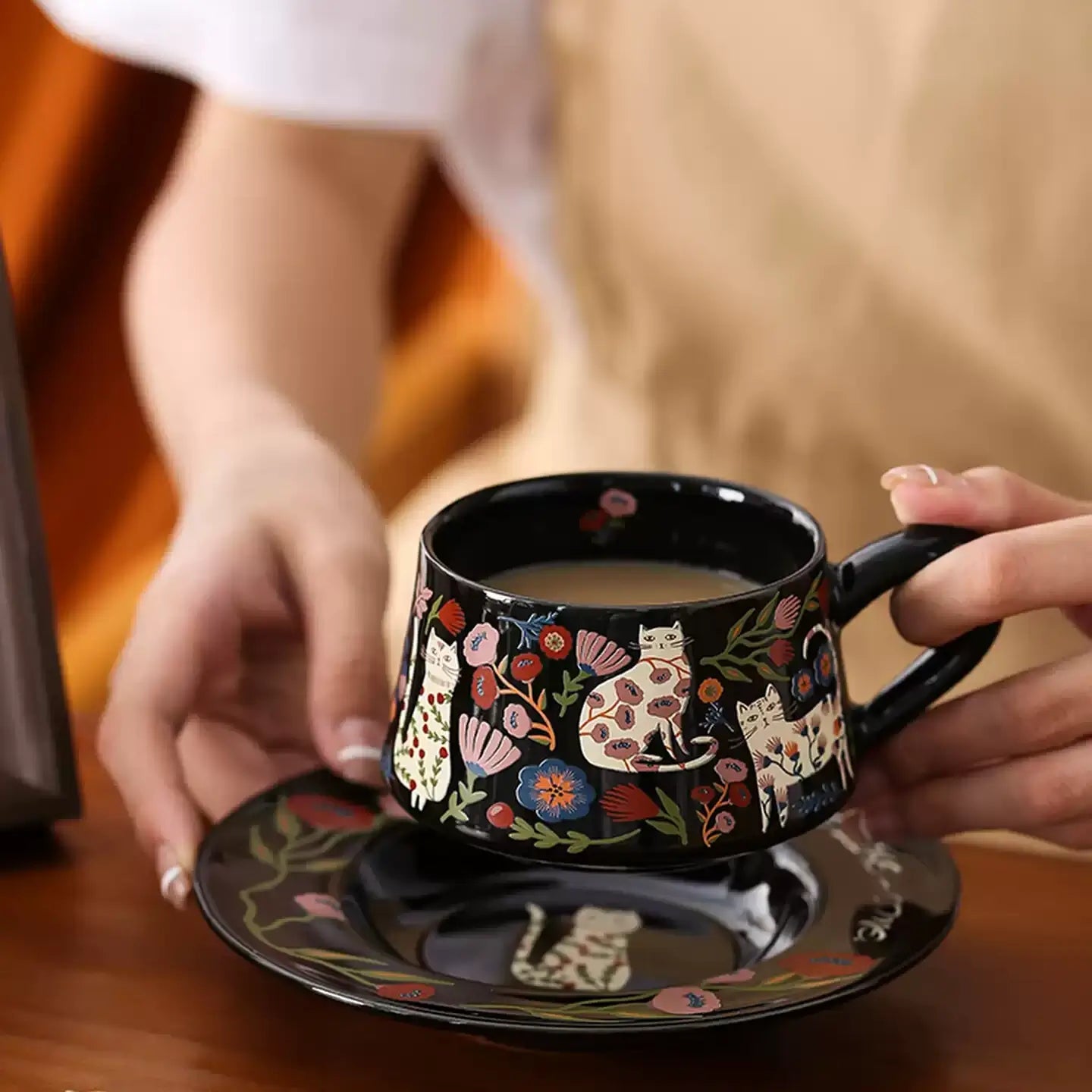 Floral Cat Ceramic Cup & Saucer Set