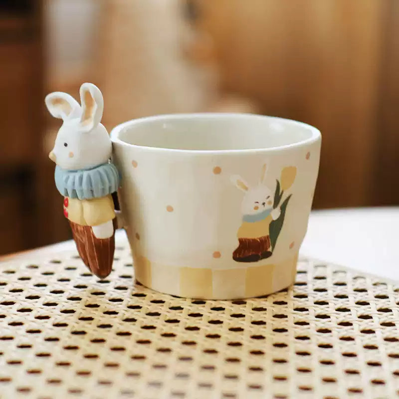 Handcrafted Ceramic Bunny Mug — 3D Sculpted Handle, Hand-Painted Design