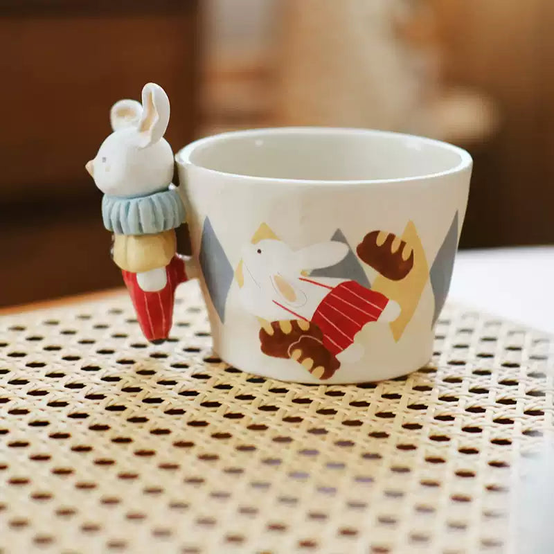 Handcrafted Ceramic Bunny Mug — 3D Sculpted Handle, Hand-Painted Design