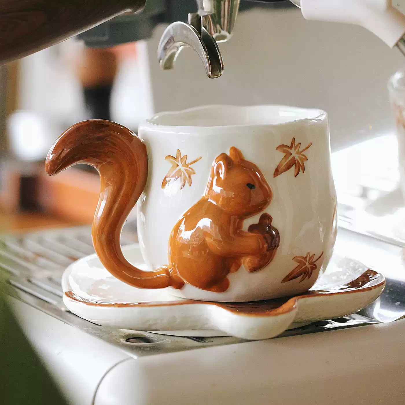 Handcrafted Ceramic Mug – 3D Squirrel Appliqué & Hand-Painted Maple Leaves
