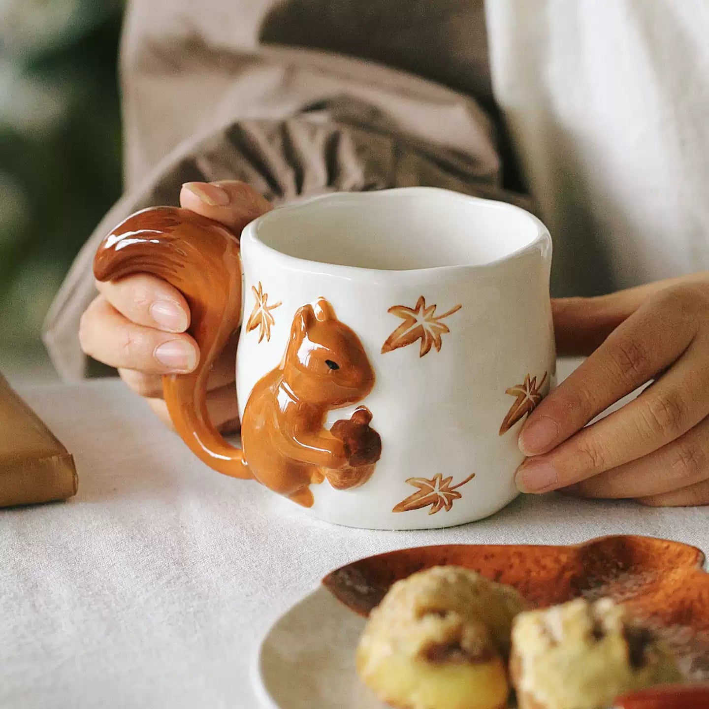 Handcrafted Ceramic Mug – 3D Squirrel Appliqué & Hand-Painted Maple Leaves