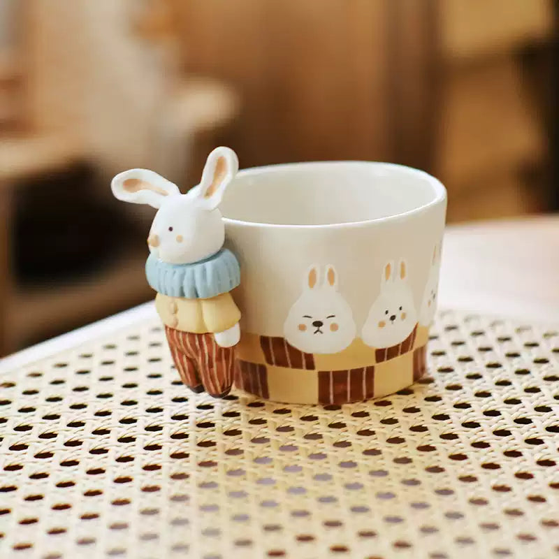 Handcrafted Ceramic Bunny Mug — 3D Sculpted Handle, Hand-Painted Design