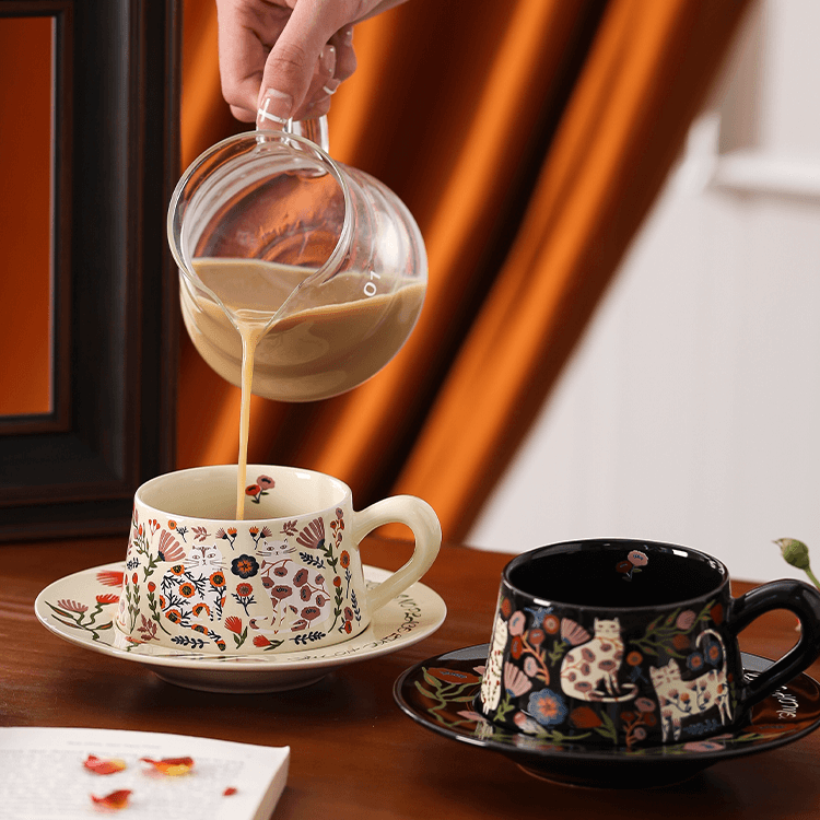 Floral Cat Ceramic Cup & Saucer Set